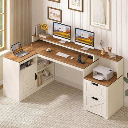 63" Farmhouse L Shaped Desk with Drawers and Printer Stand for Home Office