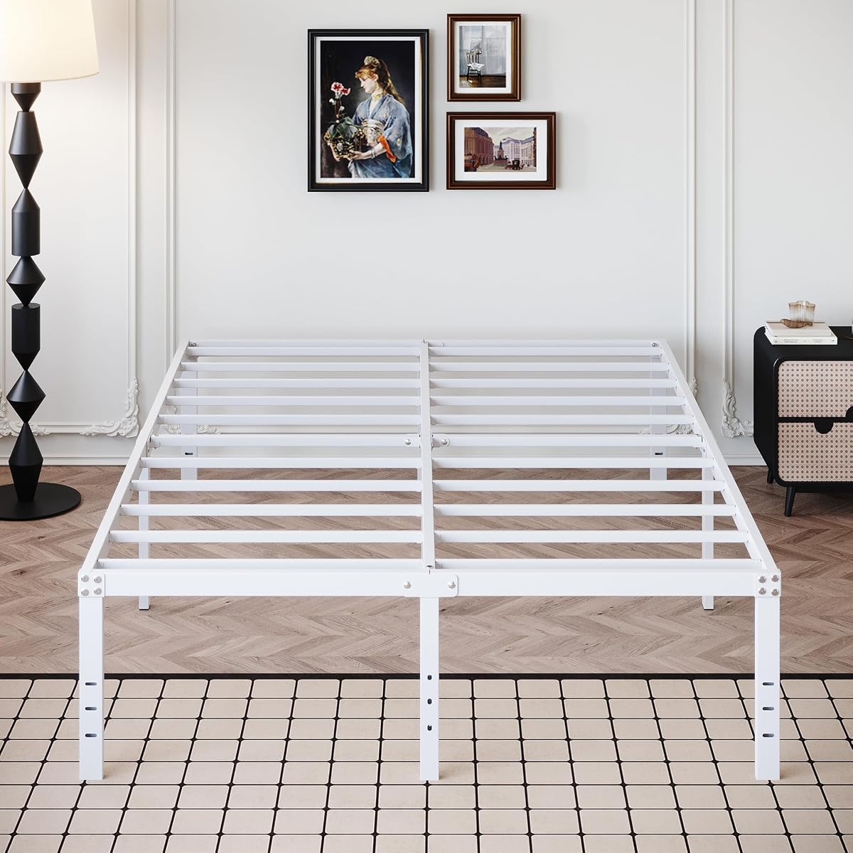 18 Inch White Full Size Bed Frame with High Storage