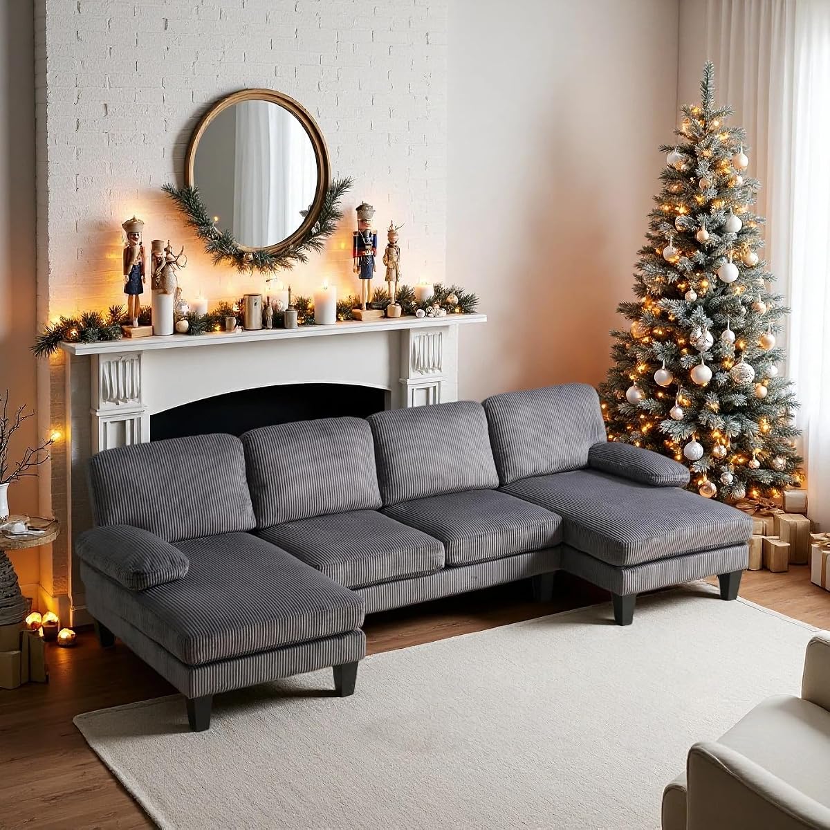 110" Sectional Couches for Living Room,U Shaped Couch with Double Chaise, 4-Seat Sofa Set with Corduroy Fabric for Home Furniture,Grey