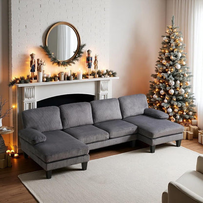 110" Sectional Couches for Living Room,U Shaped Couch with Double Chaise, 4-Seat Sofa Set with Corduroy Fabric for Home Furniture,Grey