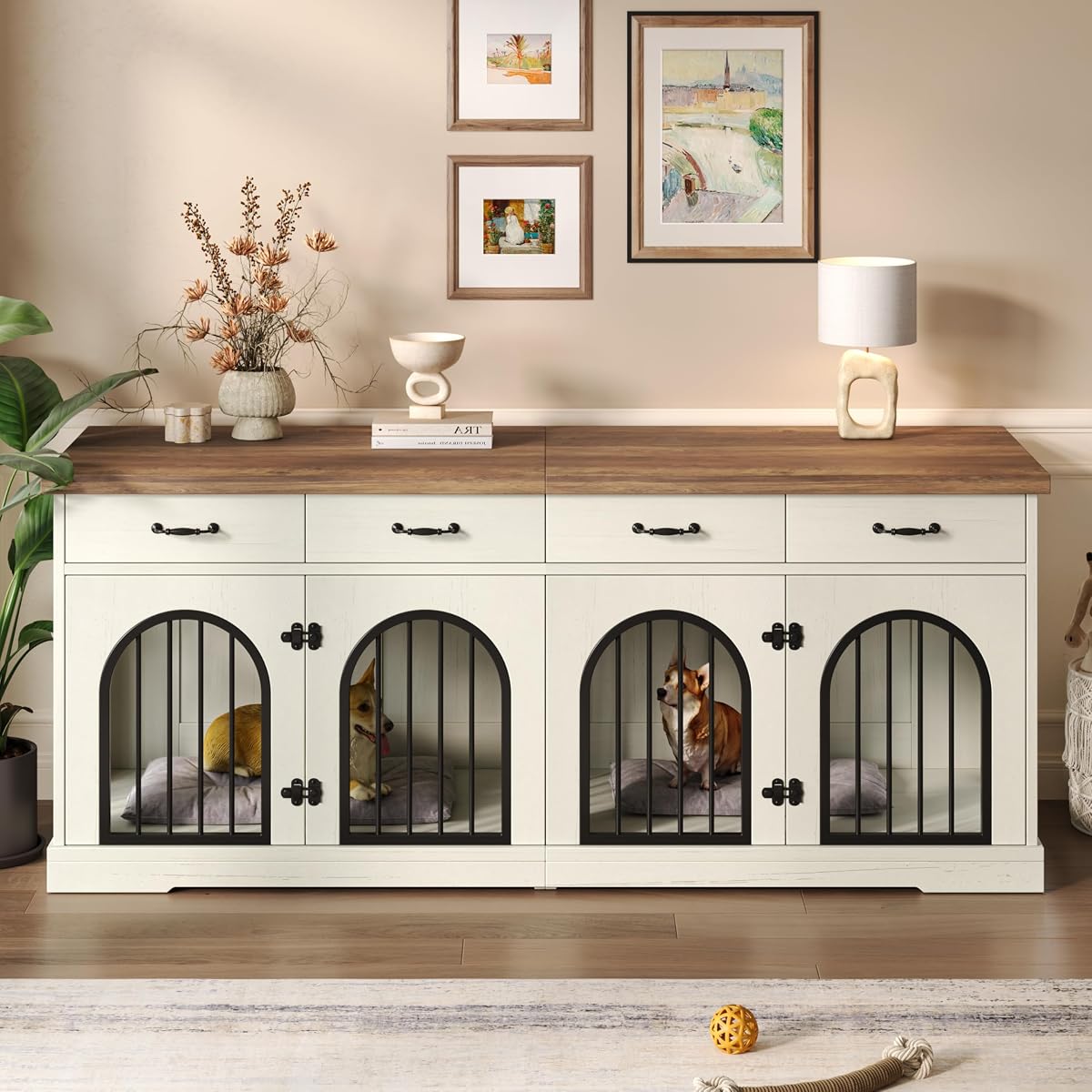 70.8" Large Dog Crate Furniture & TV Stand for 2 Dogs –Double Kennel with 4