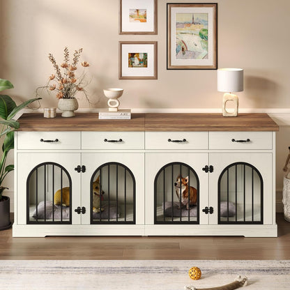 70.8" Large Dog Crate Furniture & TV Stand for 2 Dogs –Double Kennel with 4