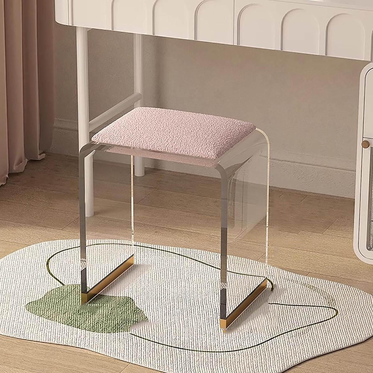 Clear Acrylic Vanity Stool with Sherpa Cushion,Modern Acrylic Side Table,Multifunctional Ottoman Foot Rest Or Makeup Room, Living Room, Bedroom Furniture