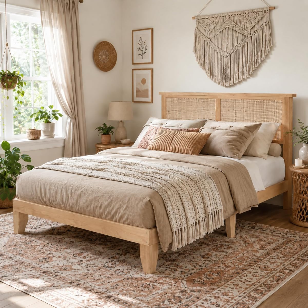 Eclectic Rattan Bed Frame with Natural Headboard & RGB LED Lights, Full Size