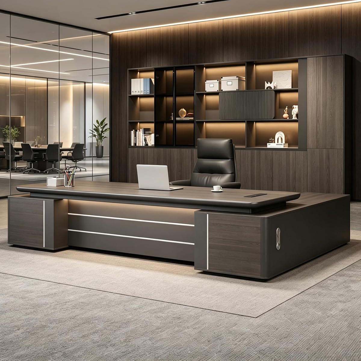Modern L Shaped Executive Desk with Drawers, Storage & Curved Desktop