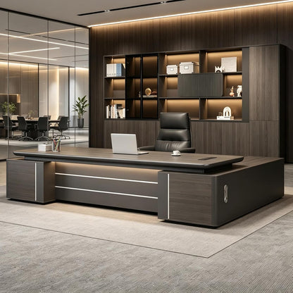 Modern L Shaped Executive Desk with Drawers, Storage & Curved Desktop