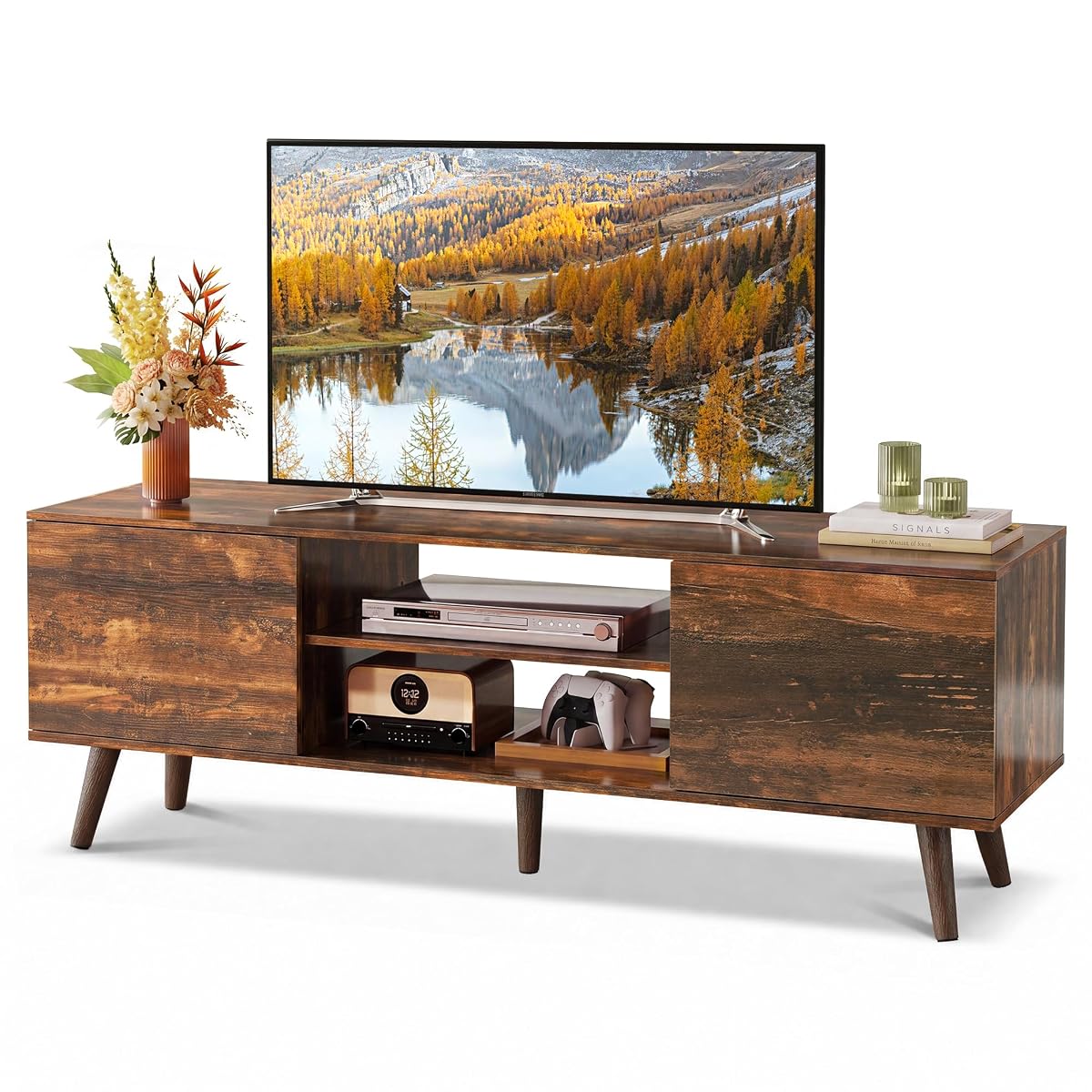 TV Stand for 55 60 Inch TV, mid Century Modern Entertainment Center with 2 Cabinets Storage & Adjustable Shelf, Media Console Table for Living Room, Bedroom, Media Furniture, Retro Brown