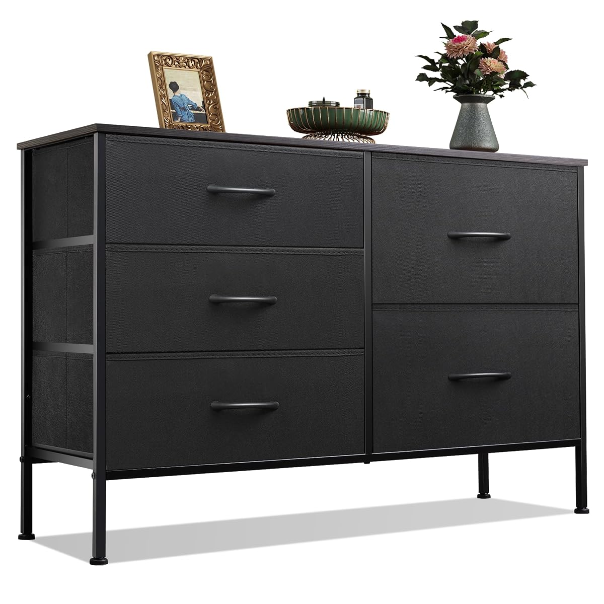 5 Drawer Black Fabric Dresser for Bedroom, Wide Storage Chest