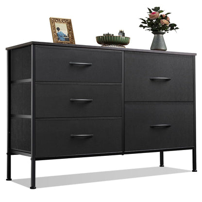 5 Drawer Black Fabric Dresser for Bedroom, Wide Storage Chest