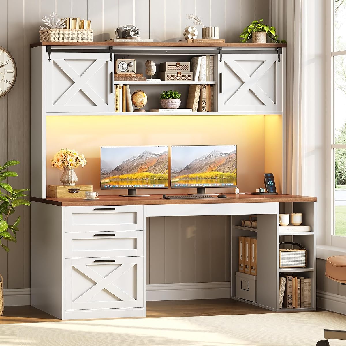 55.1" Farmhouse Desk with Hutch & 3 Storage Drawers