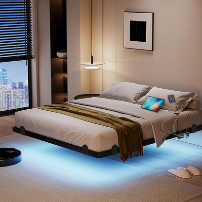 qimamo 14 Inch Floating King Bed Frame with Smart LED Lights and Charging