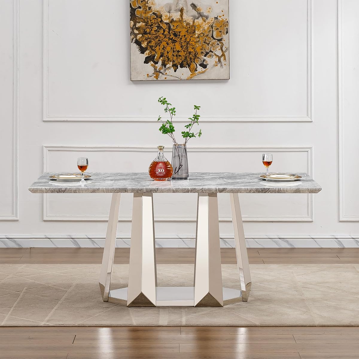 Marble Dining Table for 6 People, 70'' Rectangle Faux Marble Dining Table with Mirrored Stainless Steel Base, Large Size Marble Kitchen Table (Silver,Grey)(only Table)
