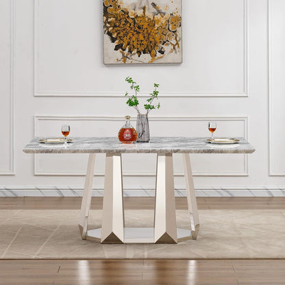 Marble Dining Table for 6 People, 70'' Rectangle Faux Marble Dining Table with Mirrored Stainless Steel Base, Large Size Marble Kitchen Table (Silver,Grey)(only Table)