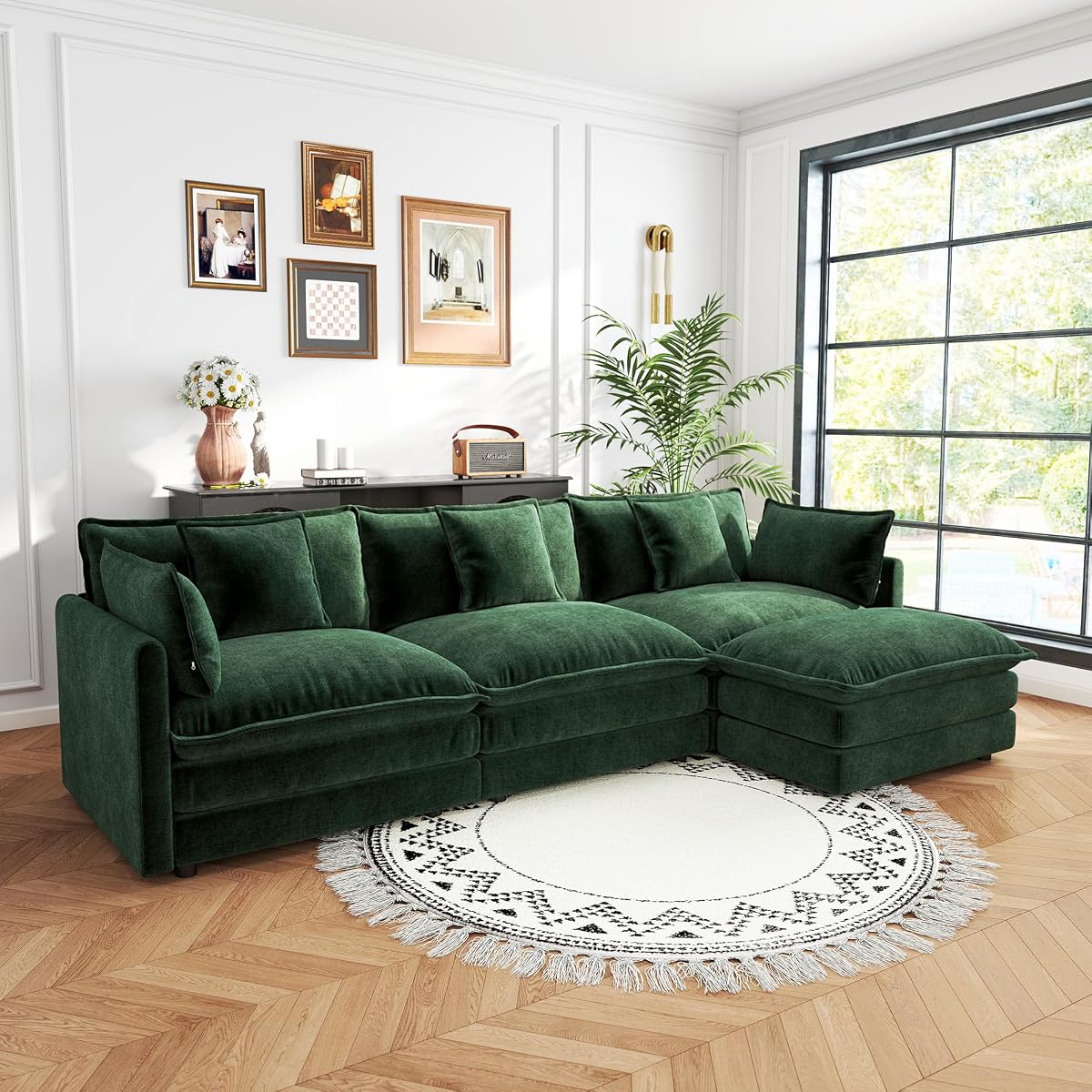 Sectional Sofa 3-Seater Modular Couch with Ottoman - Green L-Shaped 111.5" Deep Seat Living Room Furniture | Customizable Sizing