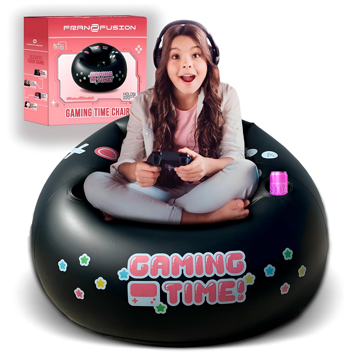 Inflatable Gaming Chair for Kids & Teens with Cup Holders and Side Pocket - This Air Gaming Bean Bag Chairs for kids is The Perfect Furniture for Gamer Room Decor - Perfect Gaming Stuff for boys 4-12