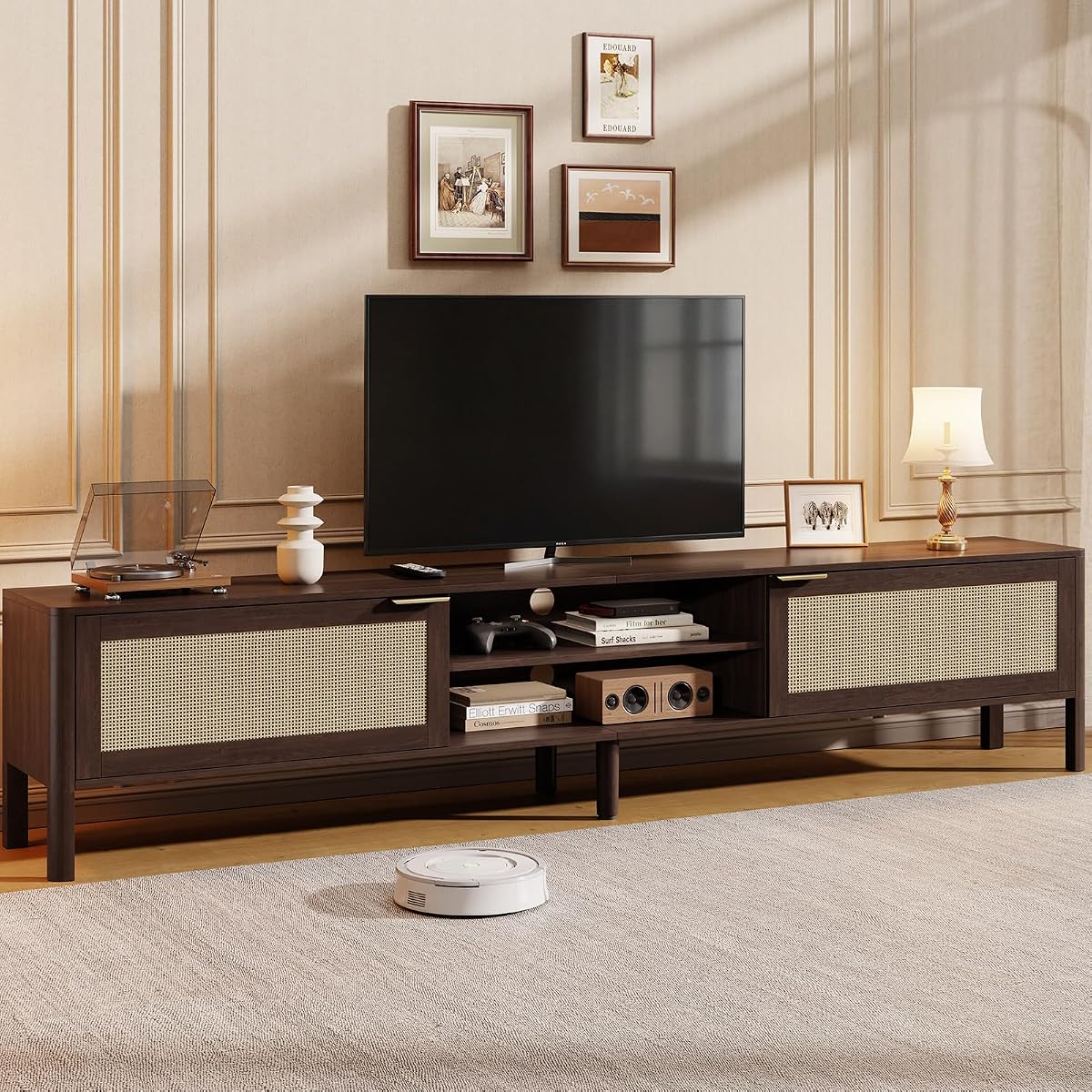 Rattan TV Stand for Living Room Walnut 71"