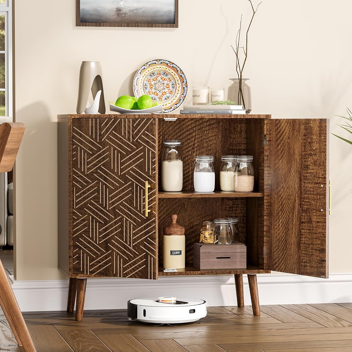 Mid Century Modern Buffet Sideboard Cabinet, Freestanding Wood Storage Cabinet with Magnetic Doors and Adjustable Shelves, Buffet Cabinet for Dining Room Living Room Entryway, Brown