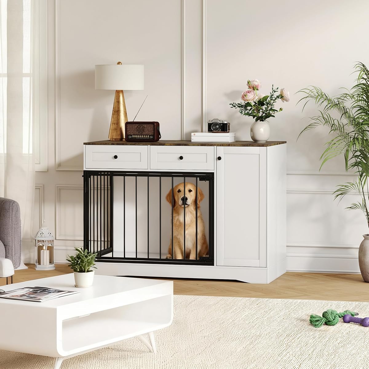 Farmhouse Dog Crate Furniture 47" – Modern Indoor Kennel with Double Doors
