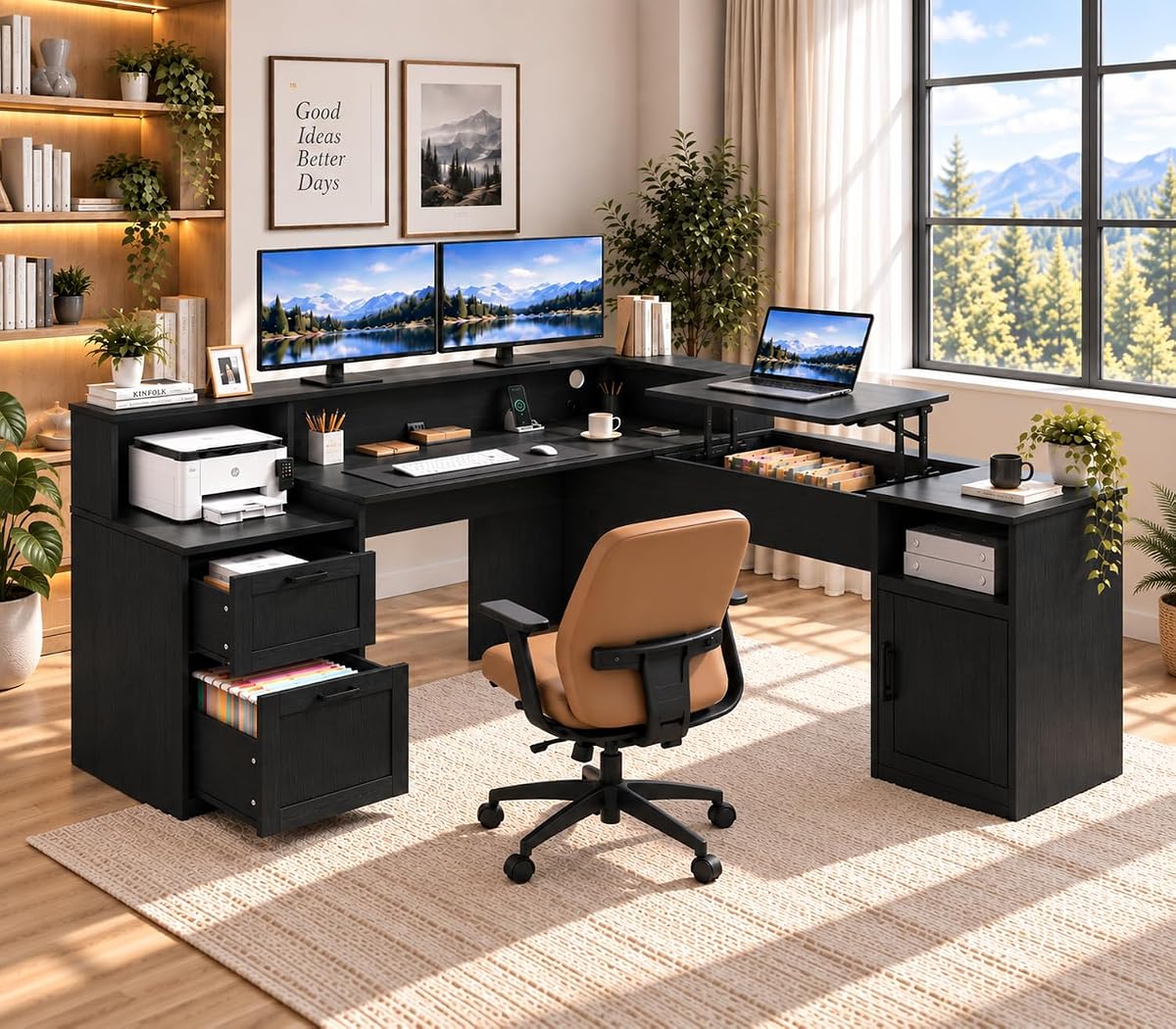 60" L-Shaped Computer Desk with Lift-Top, File Drawer & Storage Cabinet