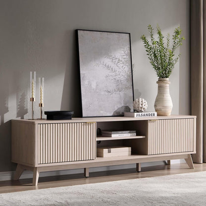 70" Mid Century Modern Fluted TV Stand w/ 2 Soft Close Door,Alder White
