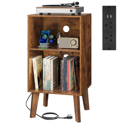 Record Player Stand with Charging Station Mid Century Tall Nightstand