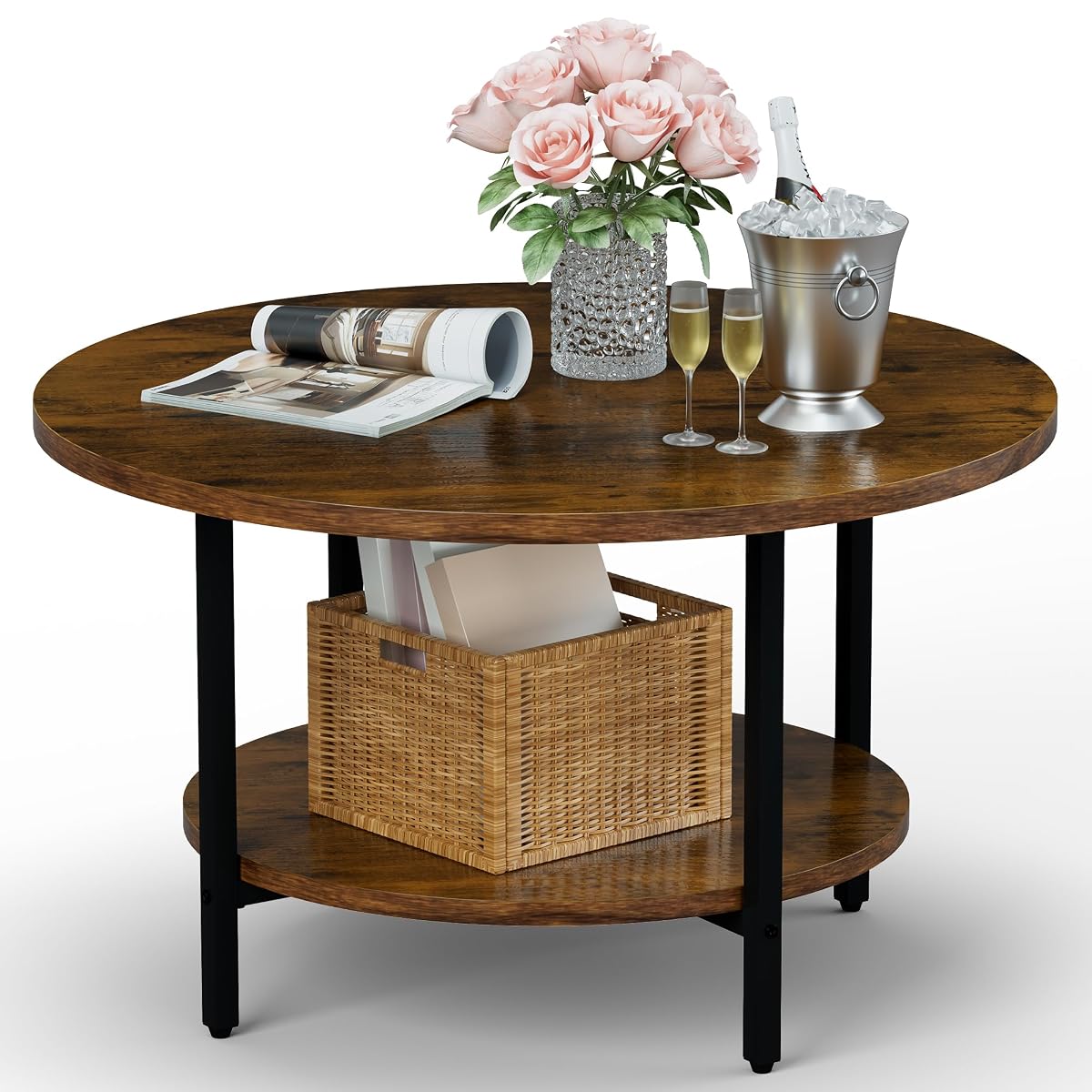 Round Coffee Table, 27.6" Circle Coffee Table for Living Room, 2-Tier Wood Accent Center Table with Open Storage Industrial Design Home Furniture, Rustic Brown
