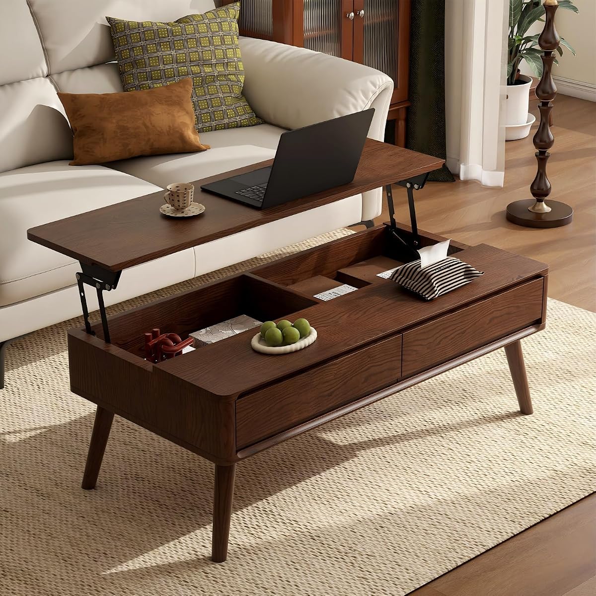 Solid Oak Wood Lift Top Coffee Table for Living Room, Mid Century Modern Tables with Drawers and Large Storage, Coffee Tables for Small Spaces (Oak Walnut Color, 39.37" W x 21.65" D x 25.59" H)