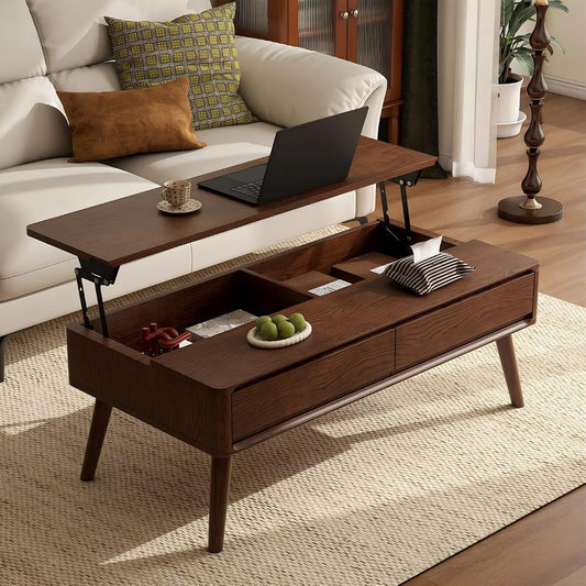 Solid Oak Wood Lift Top Coffee Table for Living Room, Mid Century Modern Tables with Drawers and Large Storage, Coffee Tables for Small Spaces (Oak Walnut Color, 39.37" W x 21.65" D x 25.59" H)