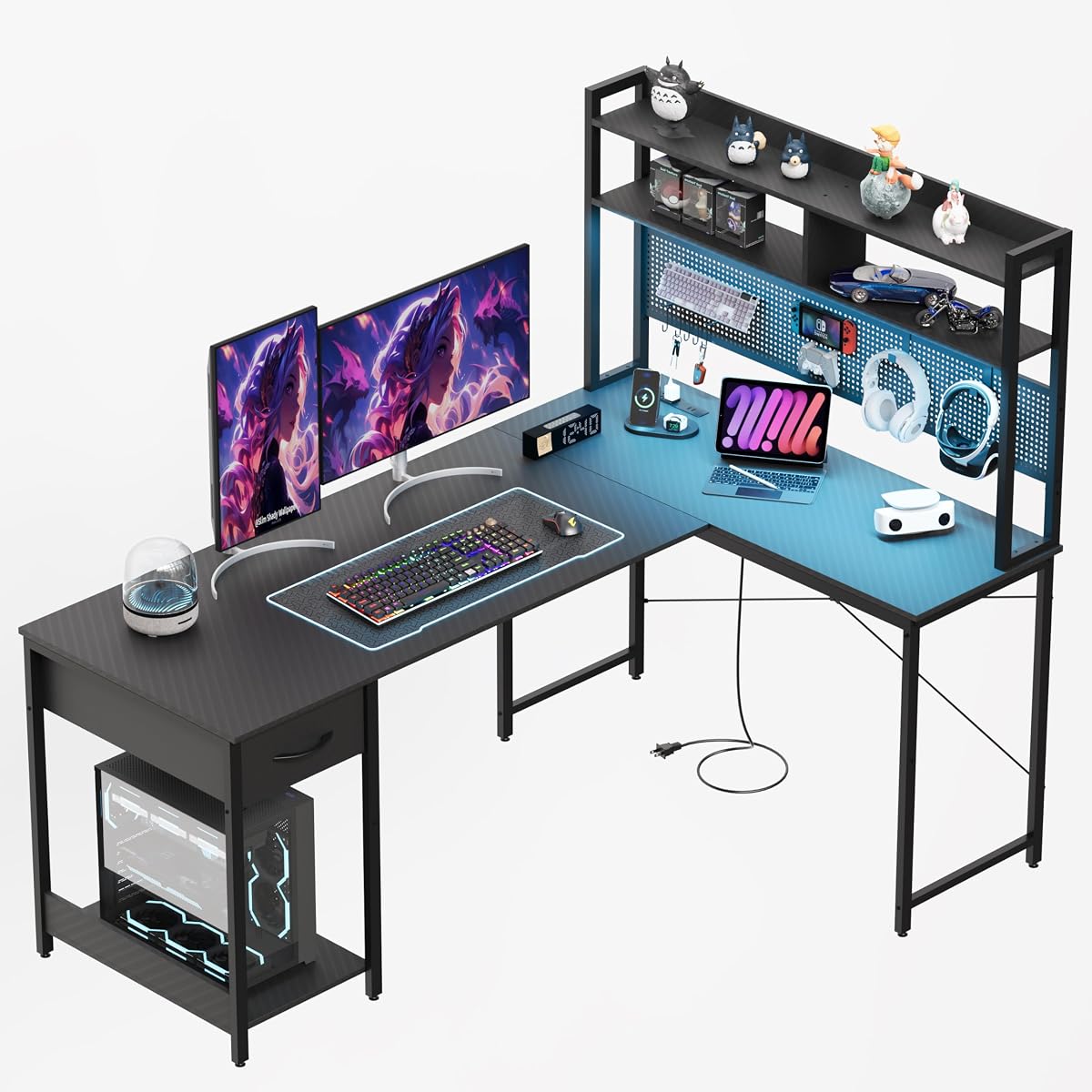 L Shaped Gaming Desk 53" with Hutch, LED Light and Drawer