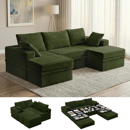 107" Modular Sectional Sofa with Storage, 5-Seater High Density Foam Boneless Couch with Ottoman, 27" Deep Corduroy Oversized Cloud Couch for Living Room, Tool-Free Assembly, Olive Green