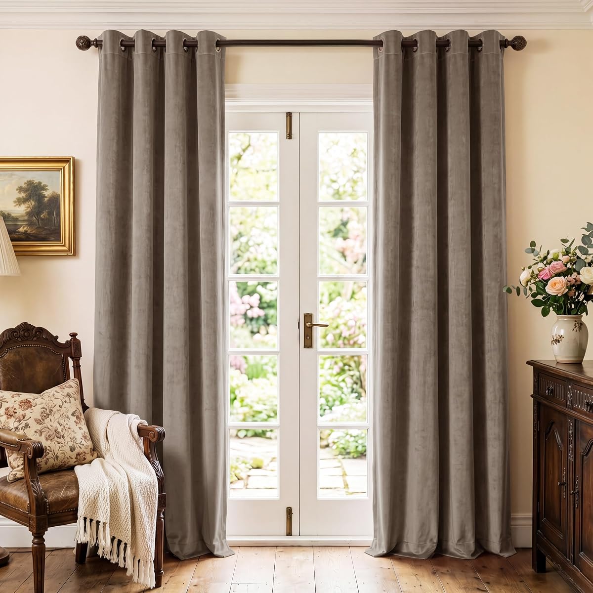 Taupe Velvet Room Darkening Panels Privacy Protect, W52 x L84, 2 Pcs