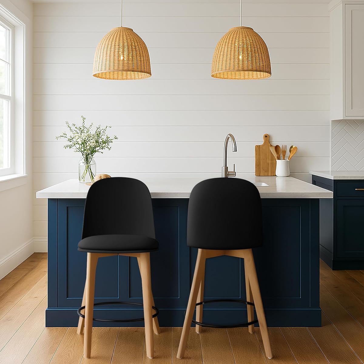 Set of 2 Counter Height Barstools | Mid Century Modern PU Leather Padded Seat | Solid Wood Legs with Round Metal Footrest | Kitchen Island Bar Chair | Non-Slip Feet, Black