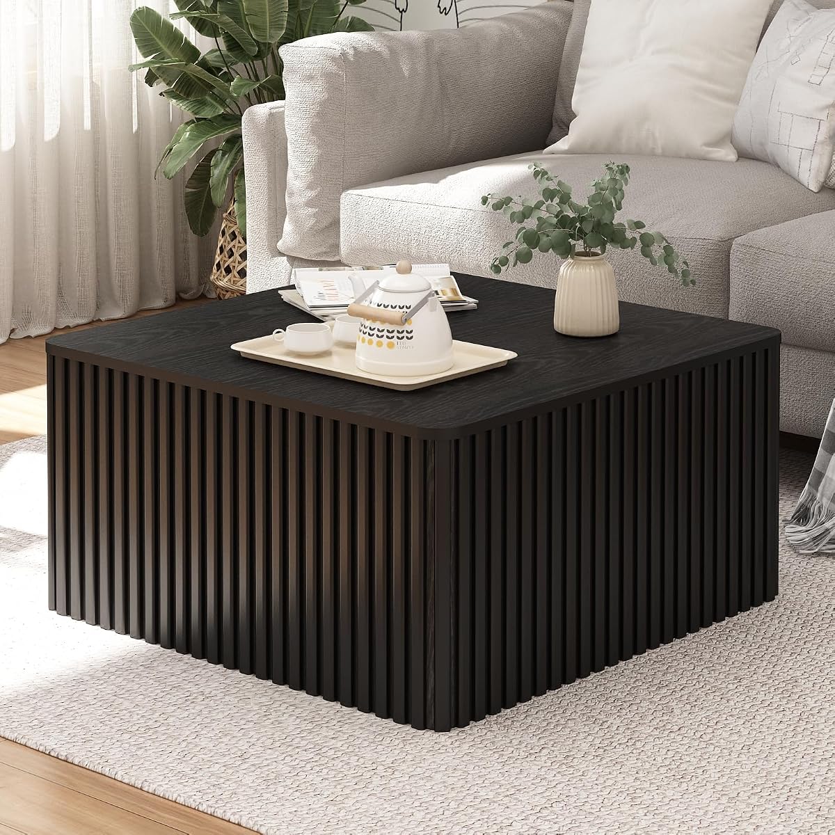 Fluted Square Coffee Table with Storage, Large Wood Center Table with Solid Wood Veneer Top, Mid Century Modern Low Coffee Table for Living Room, Black