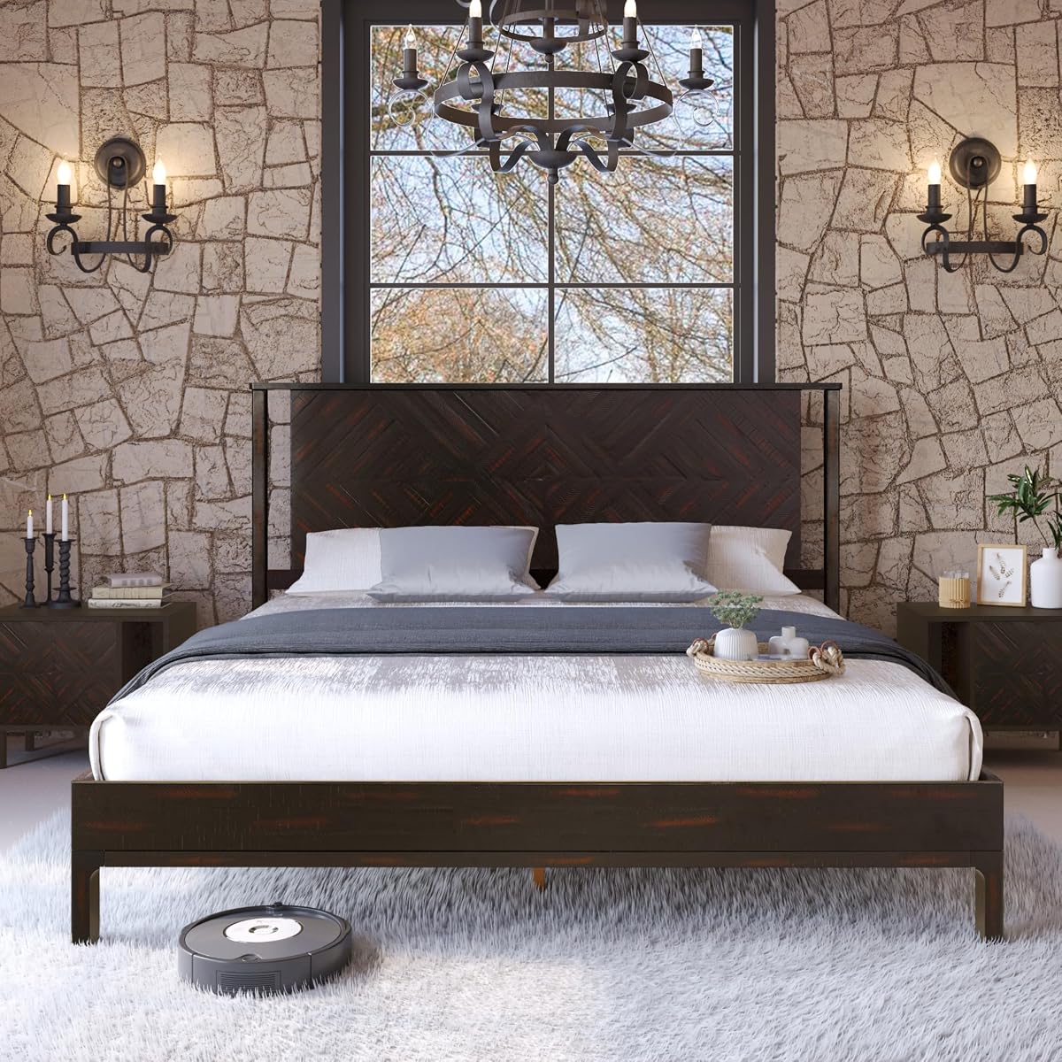 Ethan King Size Bed Frame with Diamond Headboard, Rustic Mid-Century Modern