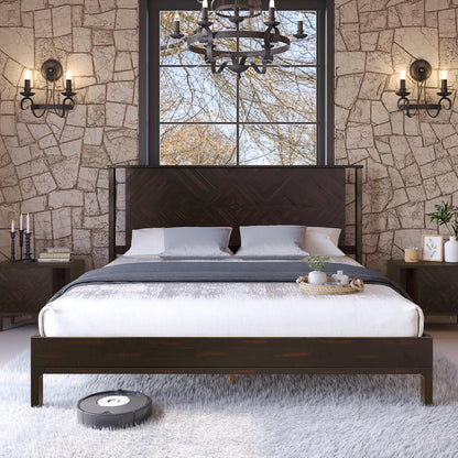 Ethan King Size Bed Frame with Diamond Headboard, Rustic Mid-Century Modern