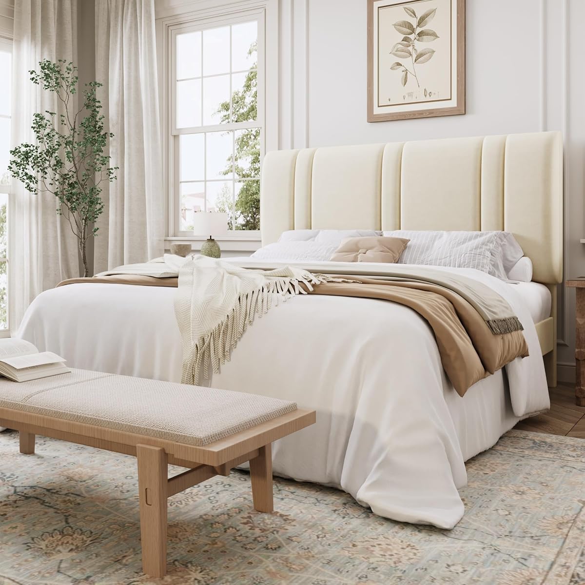 Queen Velvet Bed Frame in Cream with Adjustable Head