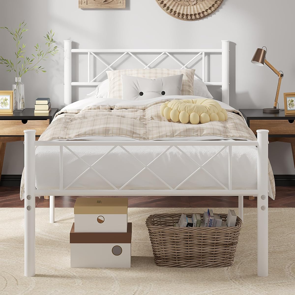 Twin Size Bed Frame with Headboard, Heavy Duty Bedframe with Strong Metal Slats