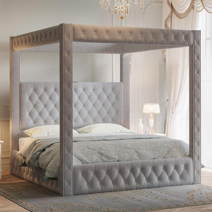 Queen Canopy Bed Frame Velvet Upholstered Headboard, Grey