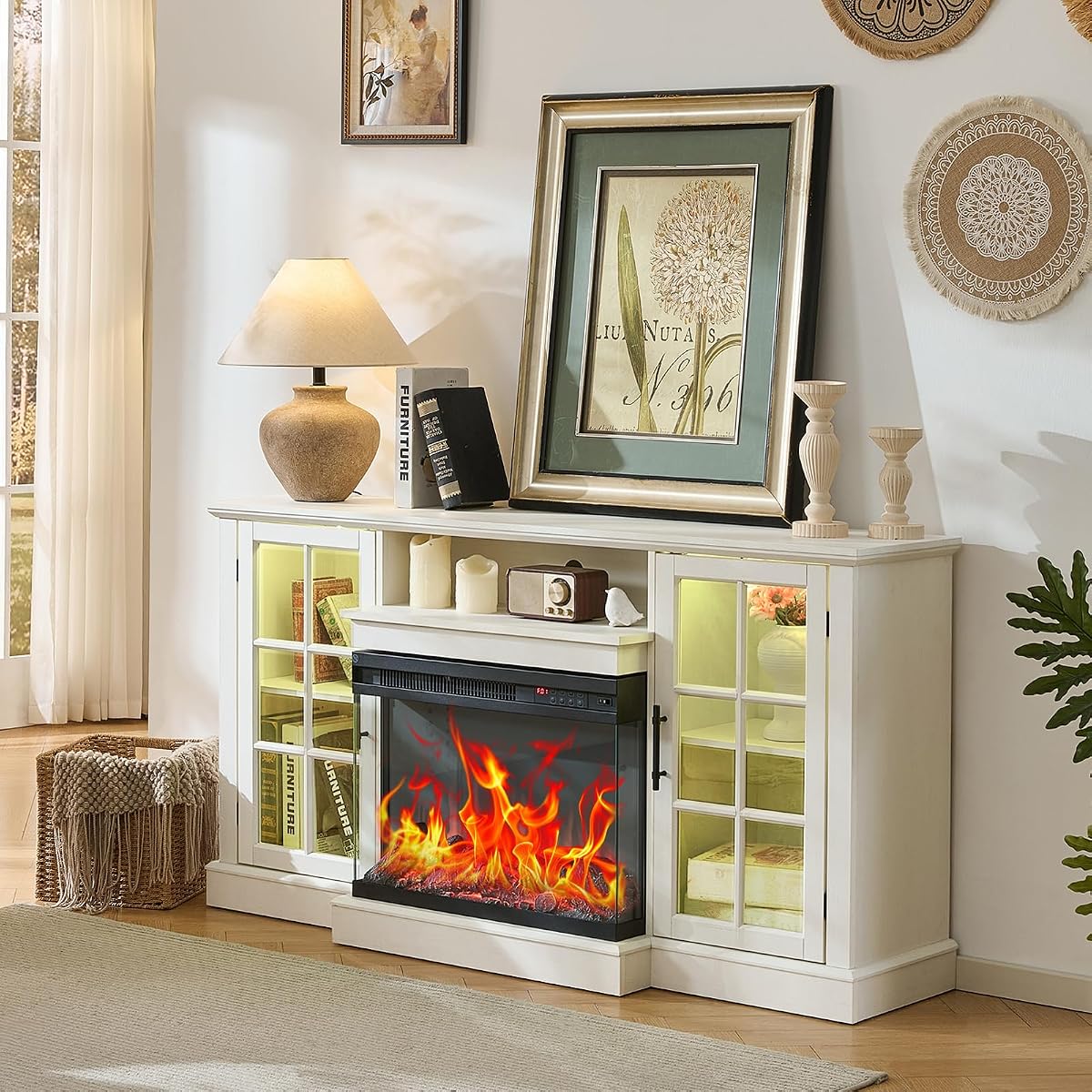 3 Sided Glass 59" Fireplace TV Stand for TVs up to 65inch