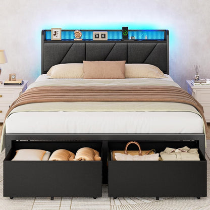 Queen Bed Frame with 2 Storage Drawers & Upholstered Headboard