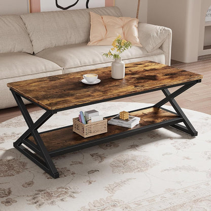 Rustic Brown Rectangle Coffee Table for Living Room, 47" Farmhouse Minimalist Wooden Metal 2 Tier Center Tables with Storage Shelf, 350lbs Load Capacity, Easy Assembly