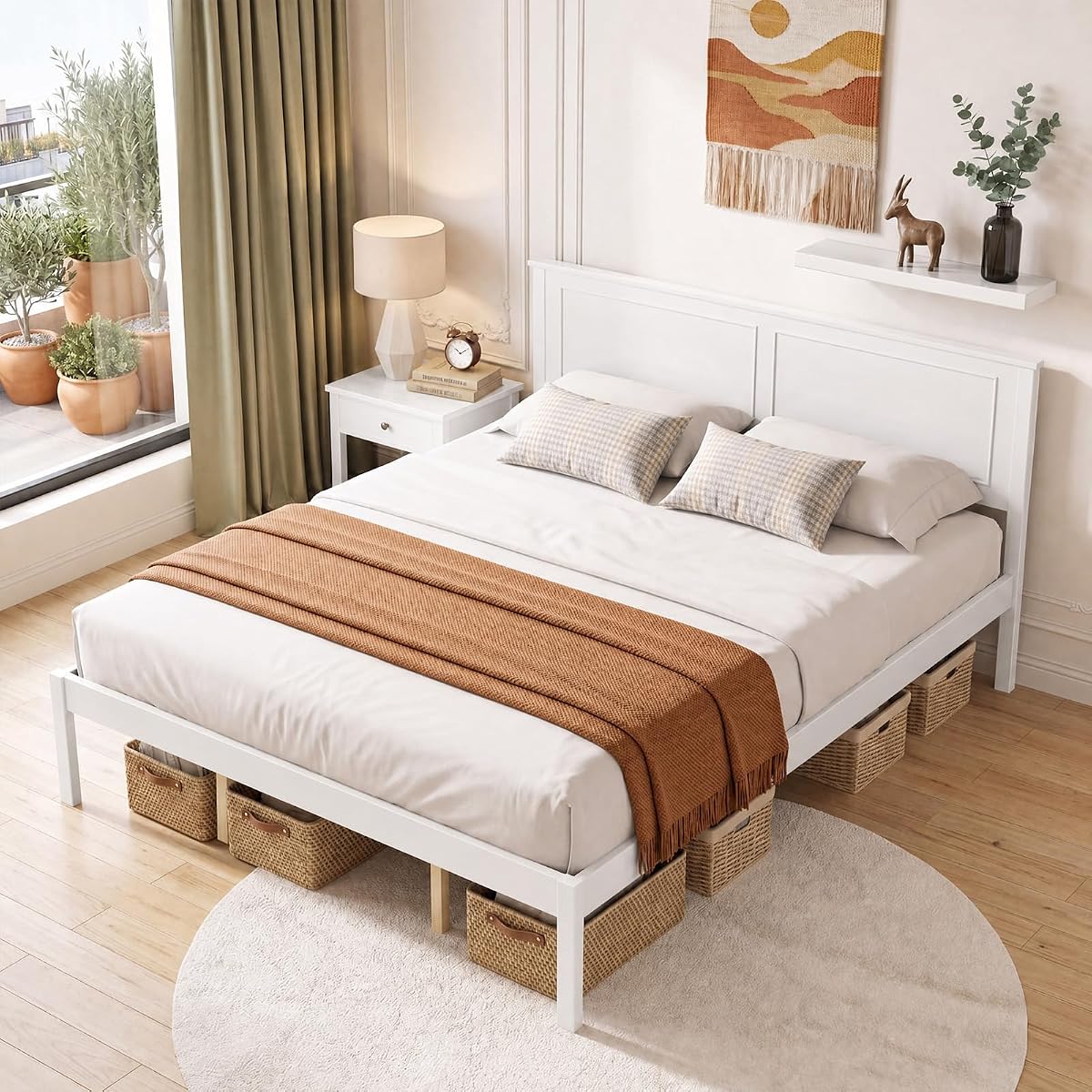 Queen Size Bed Frame, Farmhouse Wooden Platform Bed with Headboard
