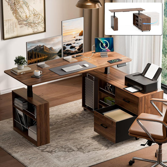 63" Electric L-Shaped Standing Desk with Drawers & Power Outlet