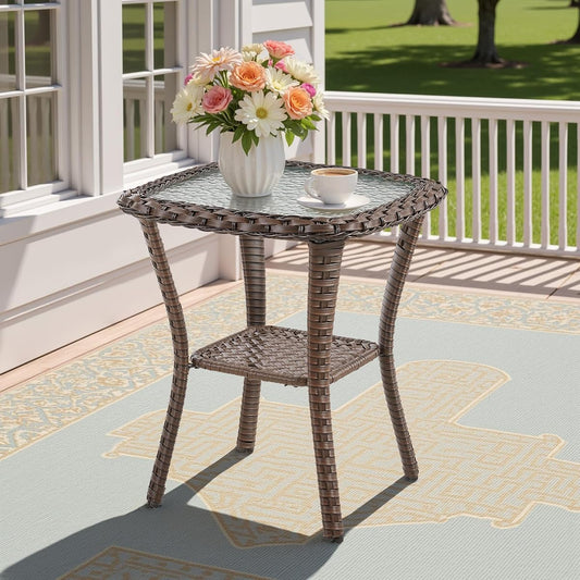 Dark brown wicker outdoor side table with storage shelf