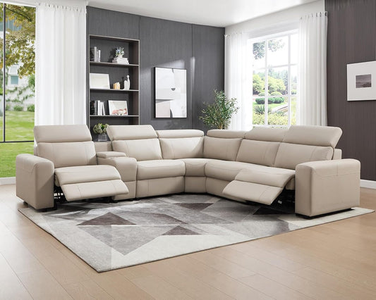 Power Recliner Sectional Sofa with Storage/USB Port, Leather Recliner Sofa with Adjustable Headrest, Reclining Sectional Couches with Console and Cup Holder for Living Room (Beige Brown)