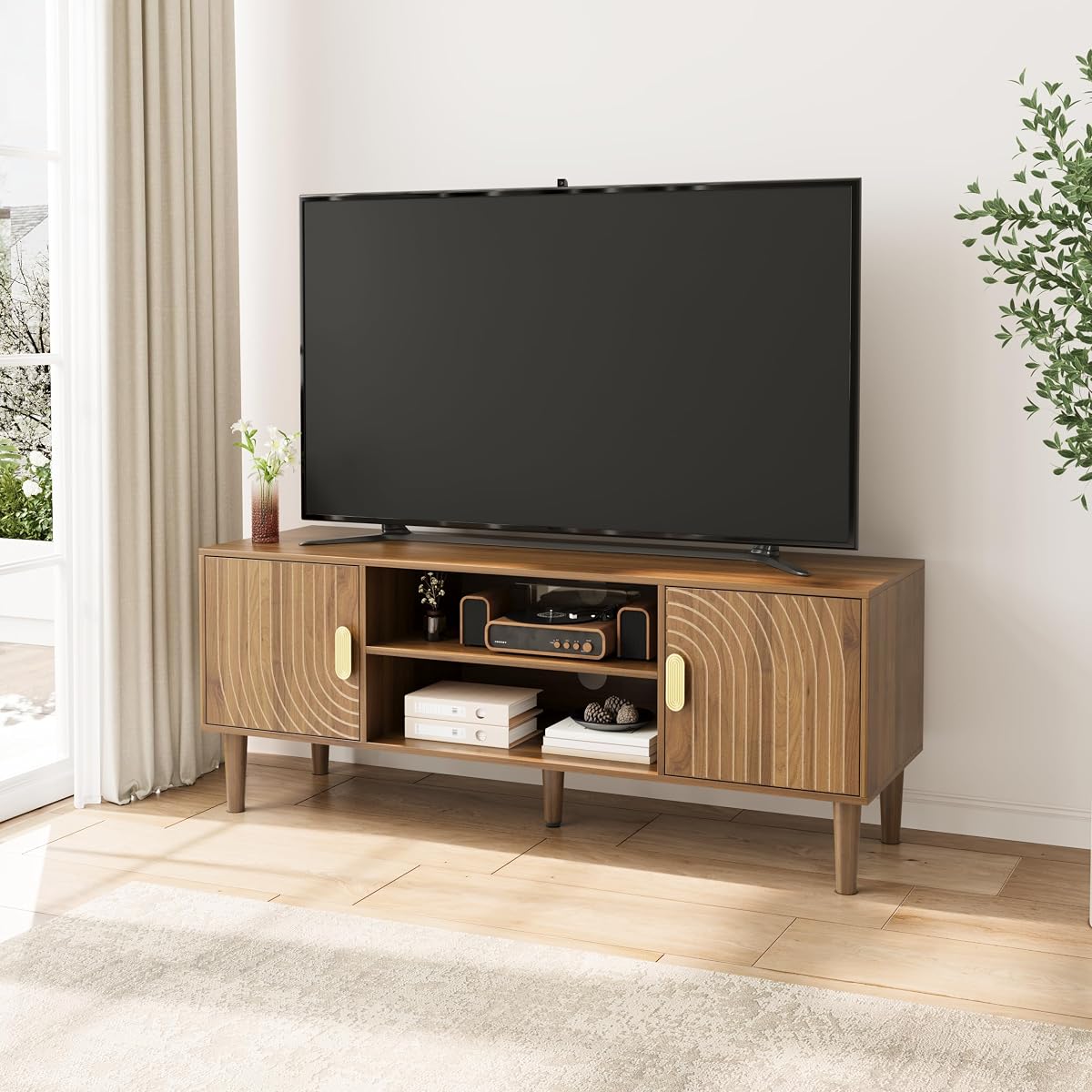 Walnut TV Stand with Line Groove Design