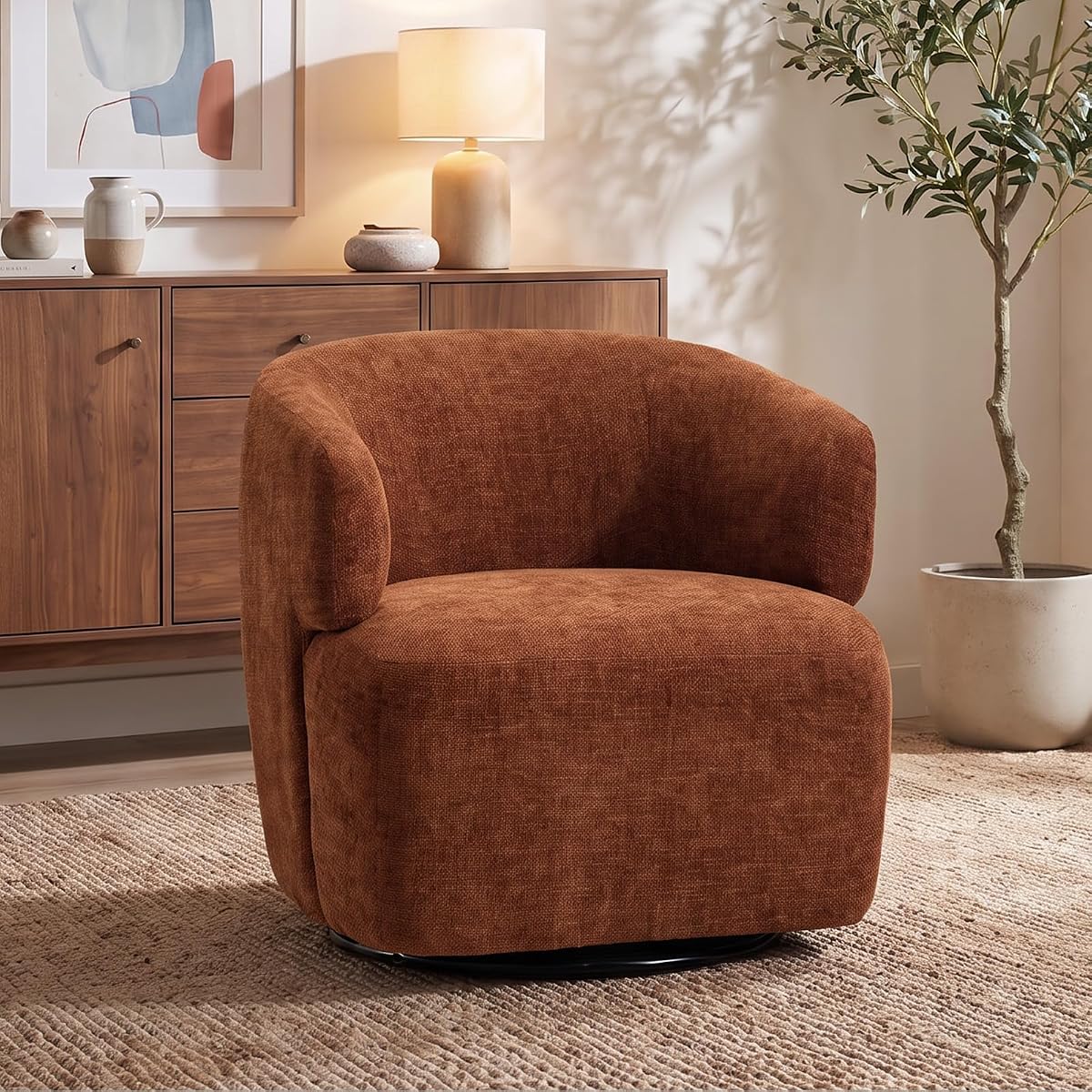 Swivel Accent Chair, Chenille Barrel Chair, Orange