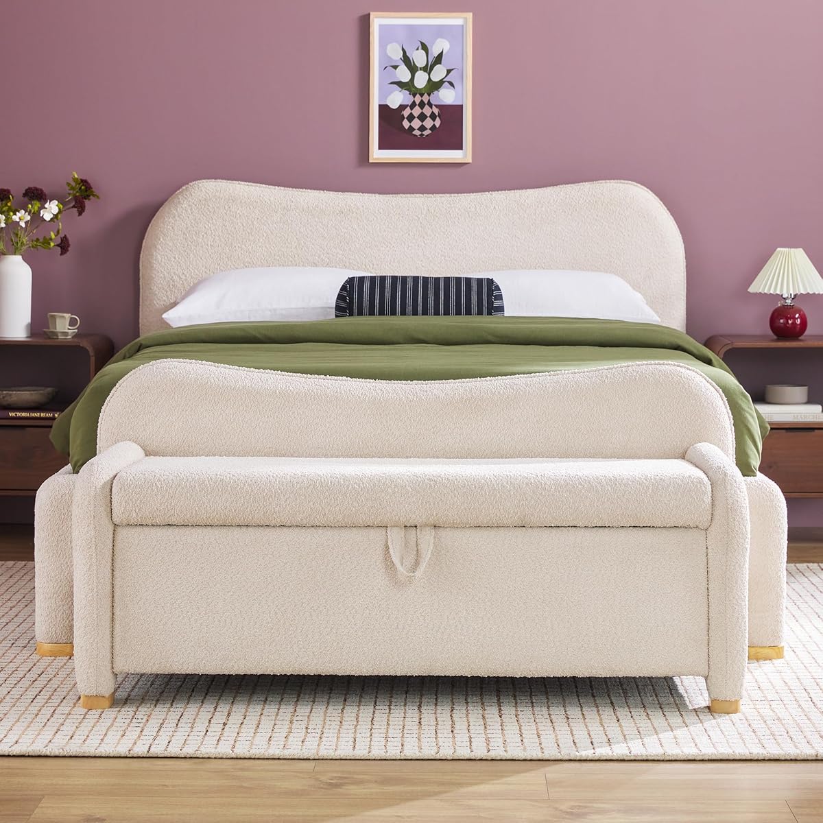 Chantelle Modern Contemporary Curved Upholstered Bench with Storage, 56 Inch, Ivory Bouclé