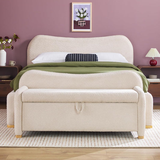 Chantelle Modern Contemporary Curved Upholstered Bench with Storage, 56 Inch, Ivory Bouclé