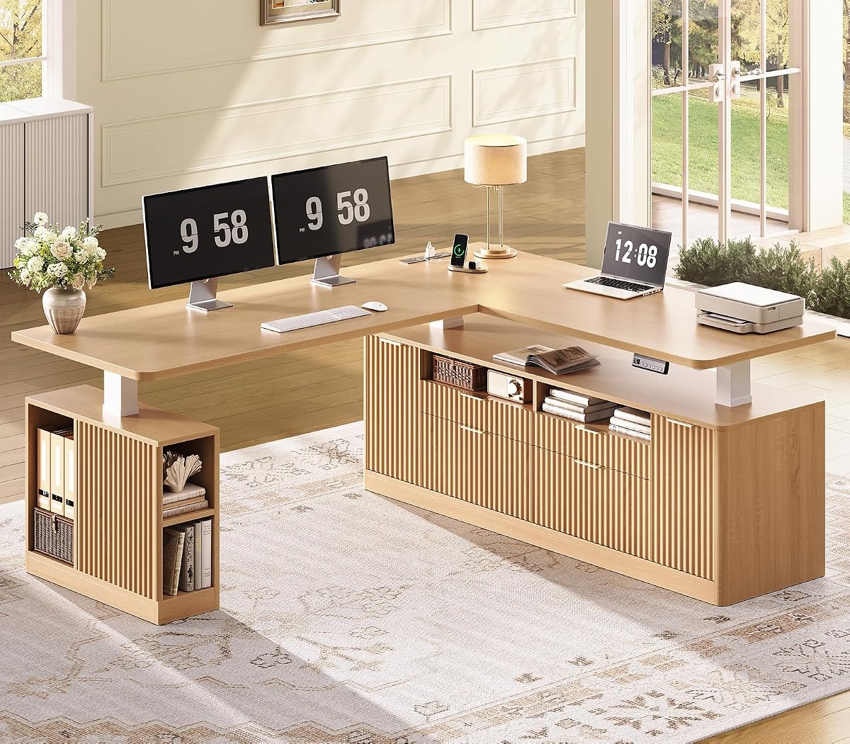 Fluted L Shaped Executive Electric Standing Desk with 4 Drawers